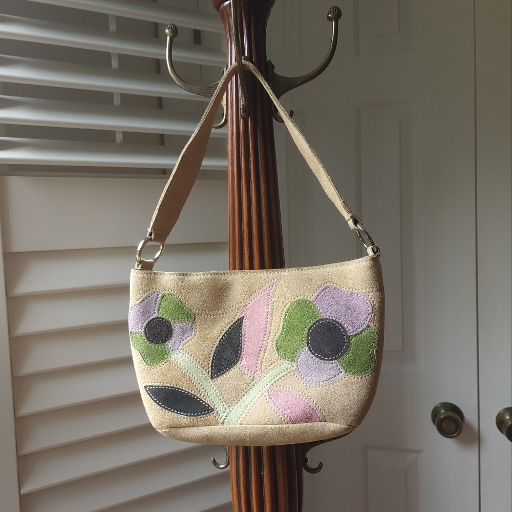 NWOT Fun Suede New York & Company Top Handle Purse with Floral Designs, Boho.